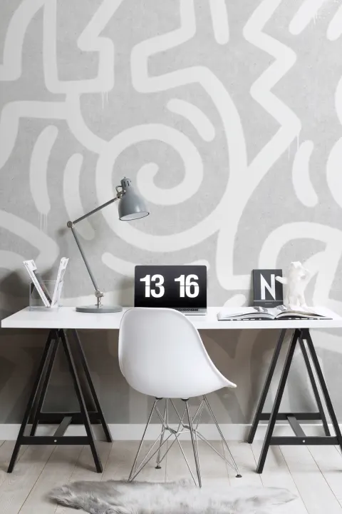 Mural Papel Pintado Grafitis en Blanco y Gris con Efecto Hormigón