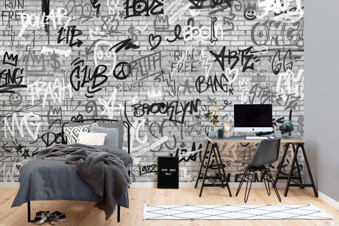 Monochrome NYC Graffiti Brick Wall Wallpaper Mural