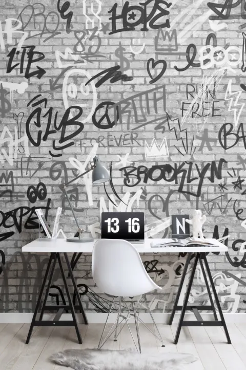 Monocromático NYC Graffiti Brick Wallpaper Mural