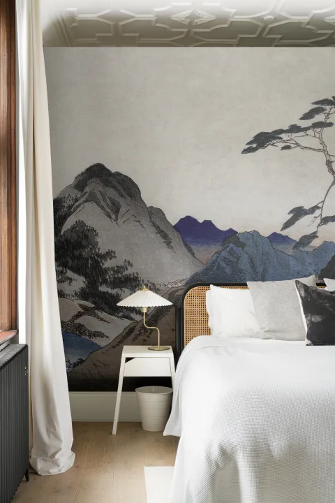 Beige And Blue Japanese Landscape Mountain Art Mural