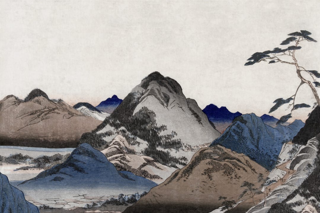 Beige And Blue Japanese Landscape Mountain Art Mural