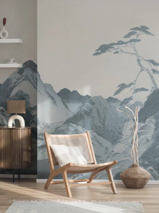 Mural de papel pintado Paisaje montañoso japonés azul