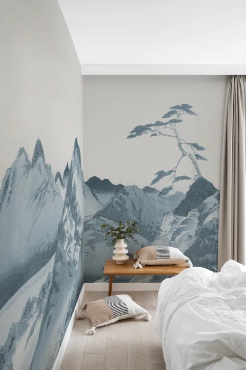 Sininen japanilainen vuori maisema Art kuvatapetti