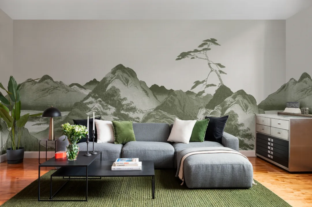 Green Japanese Mountain Landscape Art Wall Mural