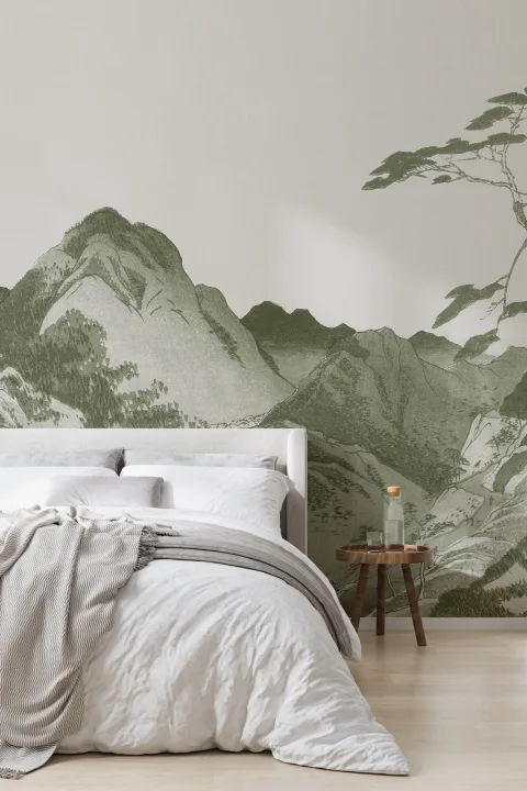 Green Japanese Mountain Landscape Art Wall Mural