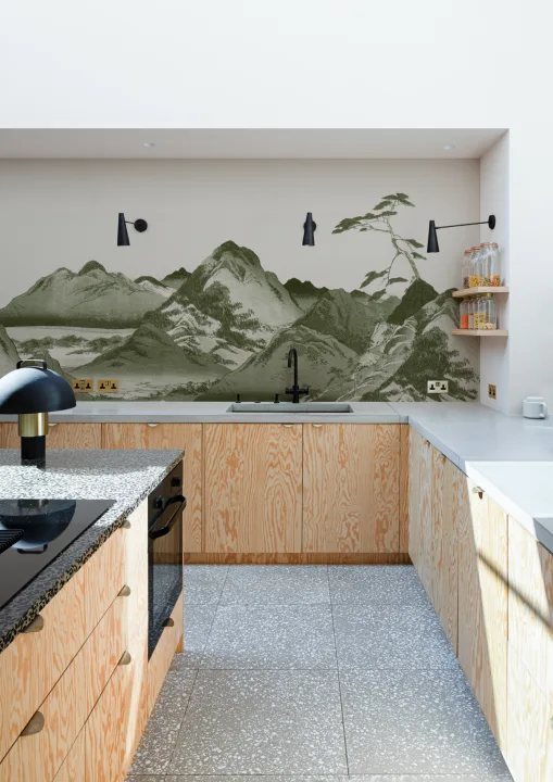 Mural de parede de arte da paisagem da montanha japonesa verde