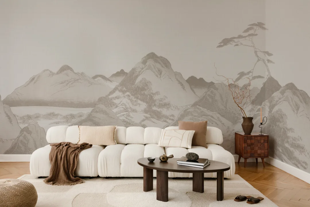 Scenic Beige Japanese Art Mountain Landscape Mural