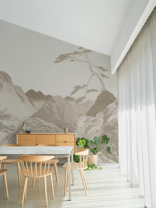 Beige naturskjønt japansk kunstmaleri av fjellandskap