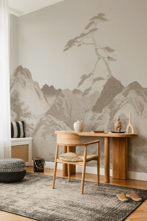 Mural escénico beige de paisaje montañoso de arte japonés