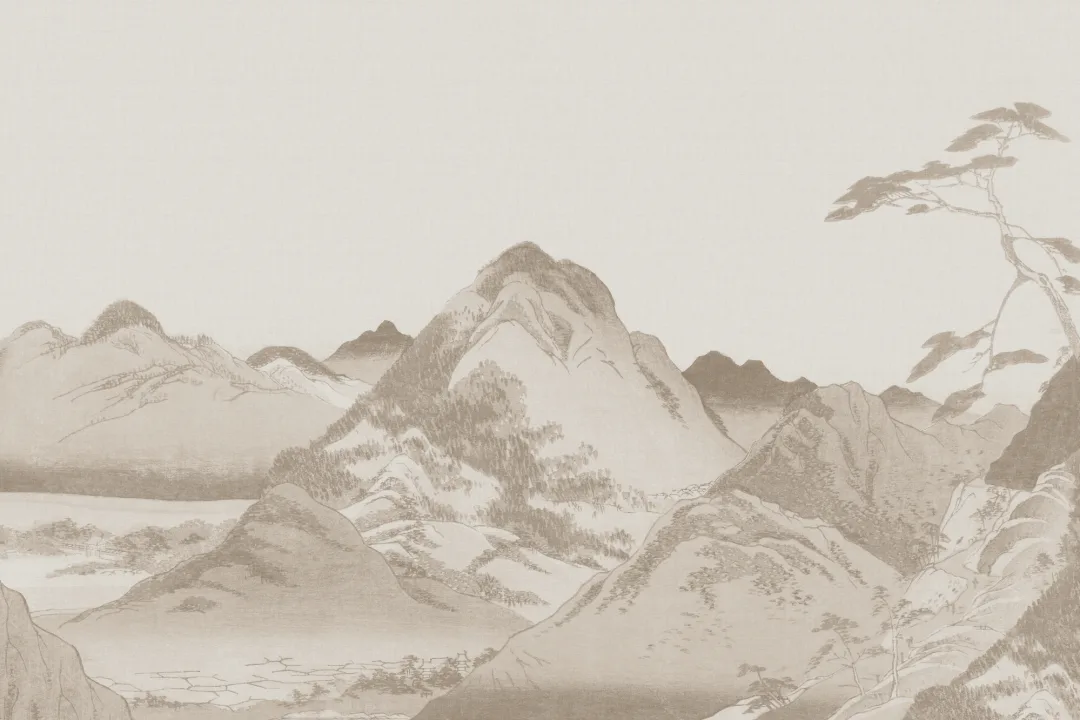 Scenic Beige Japanese Art Mountain Landscape Mural