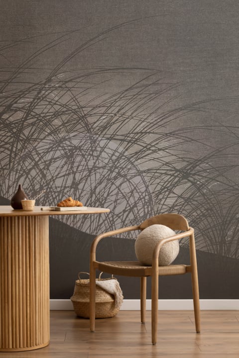 Oscuro Naturaleza Japandi Hierba Escena Komorebi Mural de papel pintado
