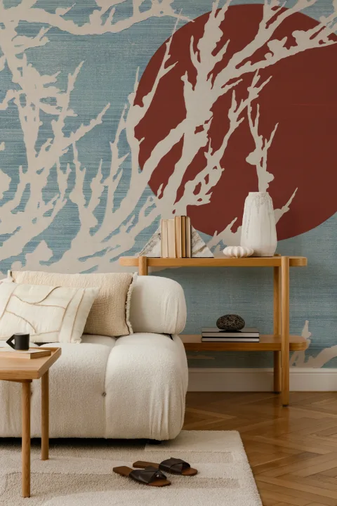Blue and Red Japanese Artistic Nature Mural