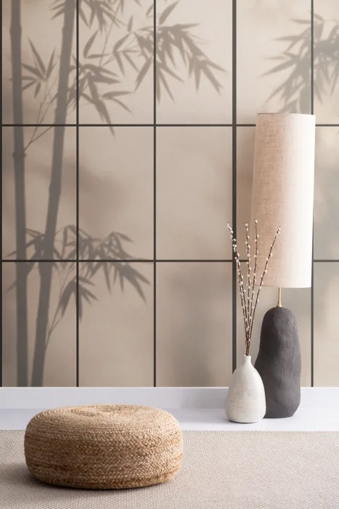 Papier peint panoramique japonais nature Shoji beige pour des espaces paisibles
