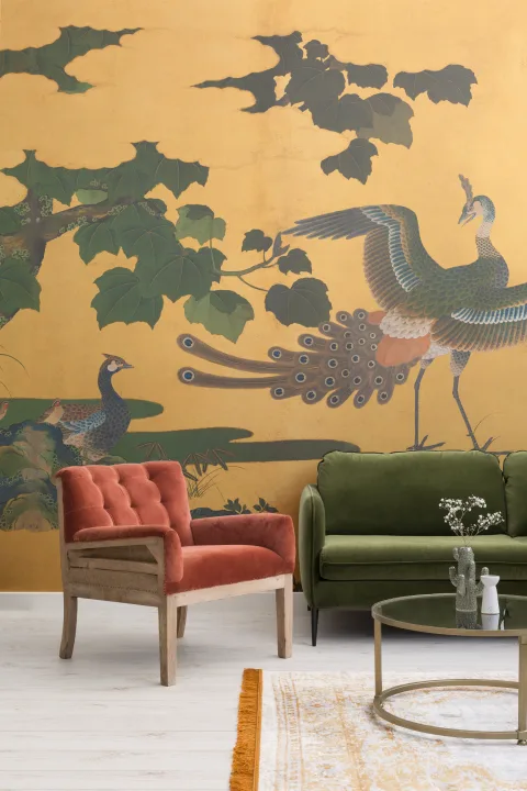 Yellow Illustrated Japanese Peacock Mural