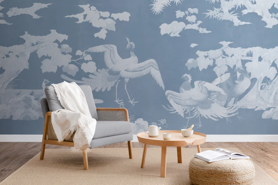 Blue Illustrated Japanese Peacock Mural