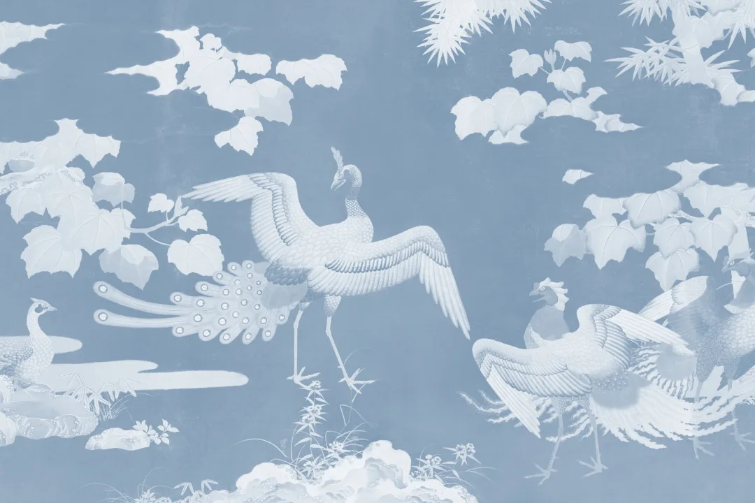 Blue Illustrated Japanese Peacock Mural