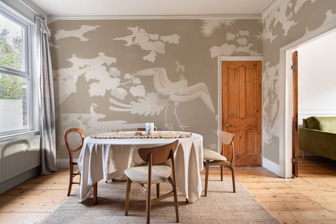 Beige Illustrated Japanese Peacock Mural