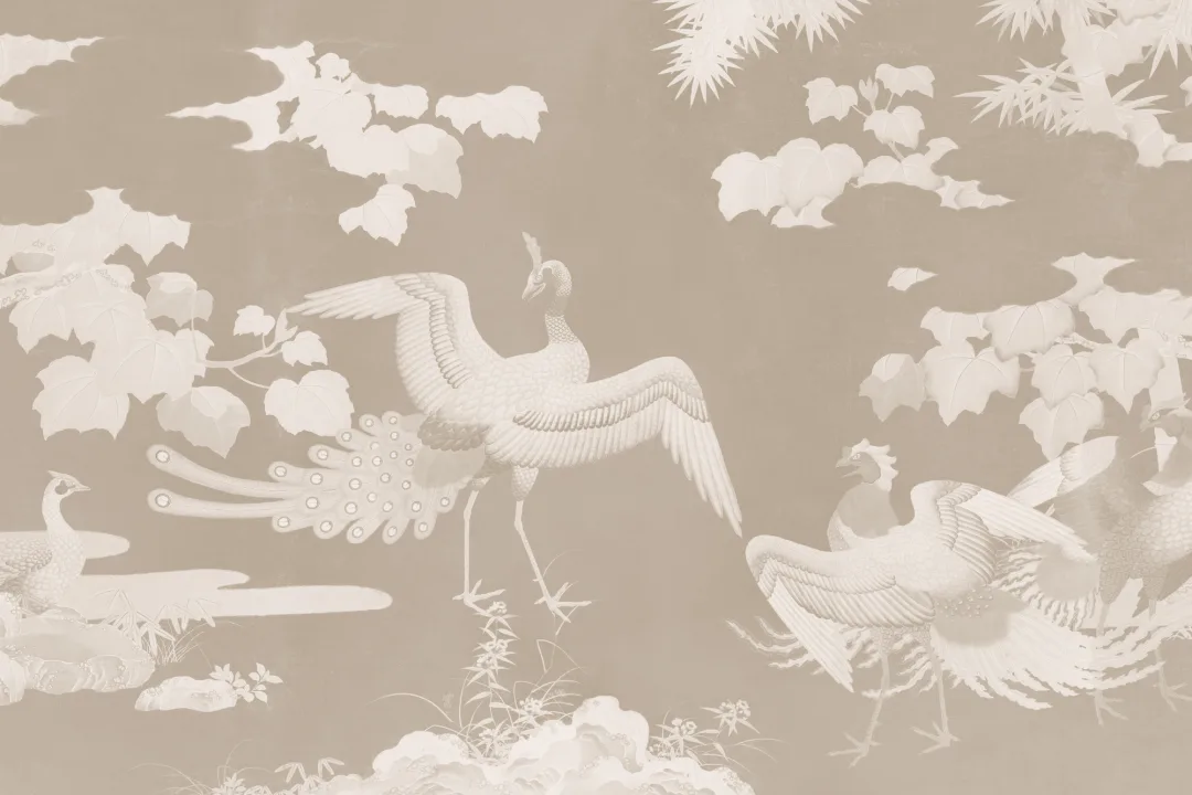 Beige Illustrated Japanese Peacock Mural