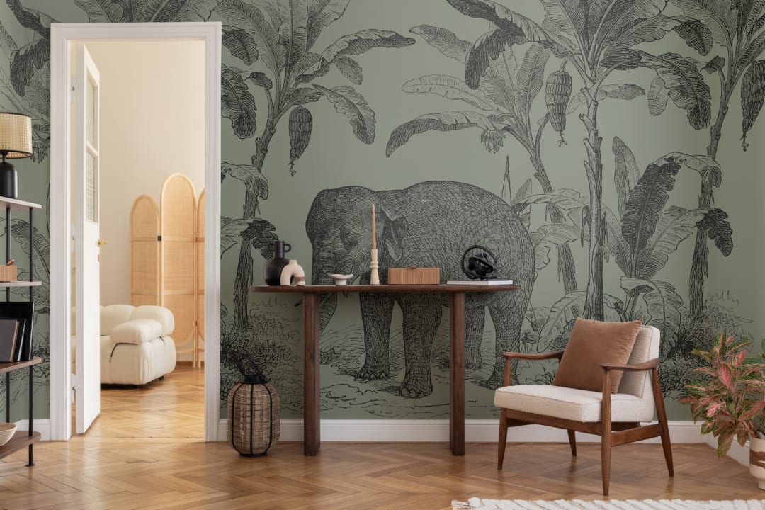 Mural Tropical Vintage Verde con Elefante