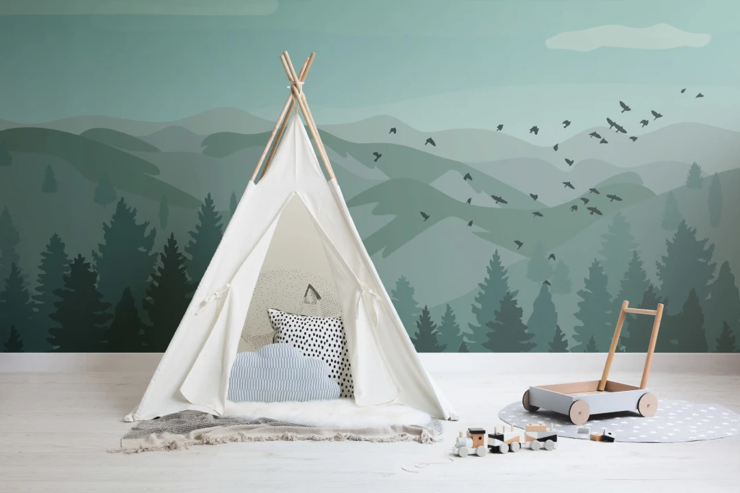 Illustrated Green Landscape Wallpaper Mural