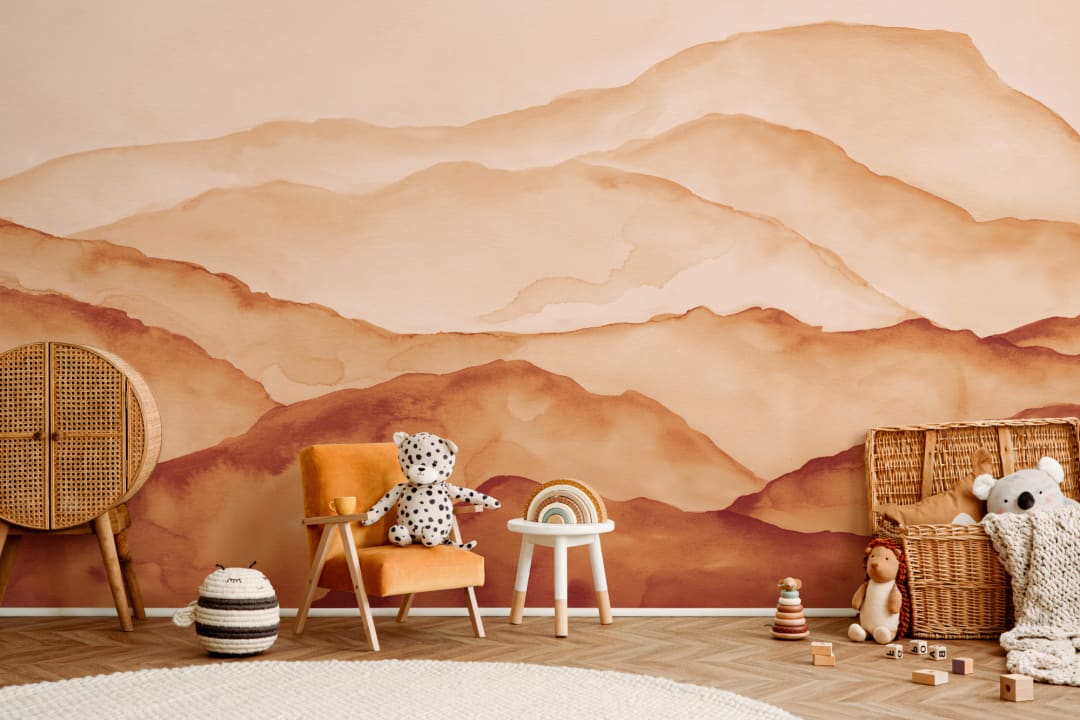 Orange Watercolor Peaceful Mountain Wallpaper Mural