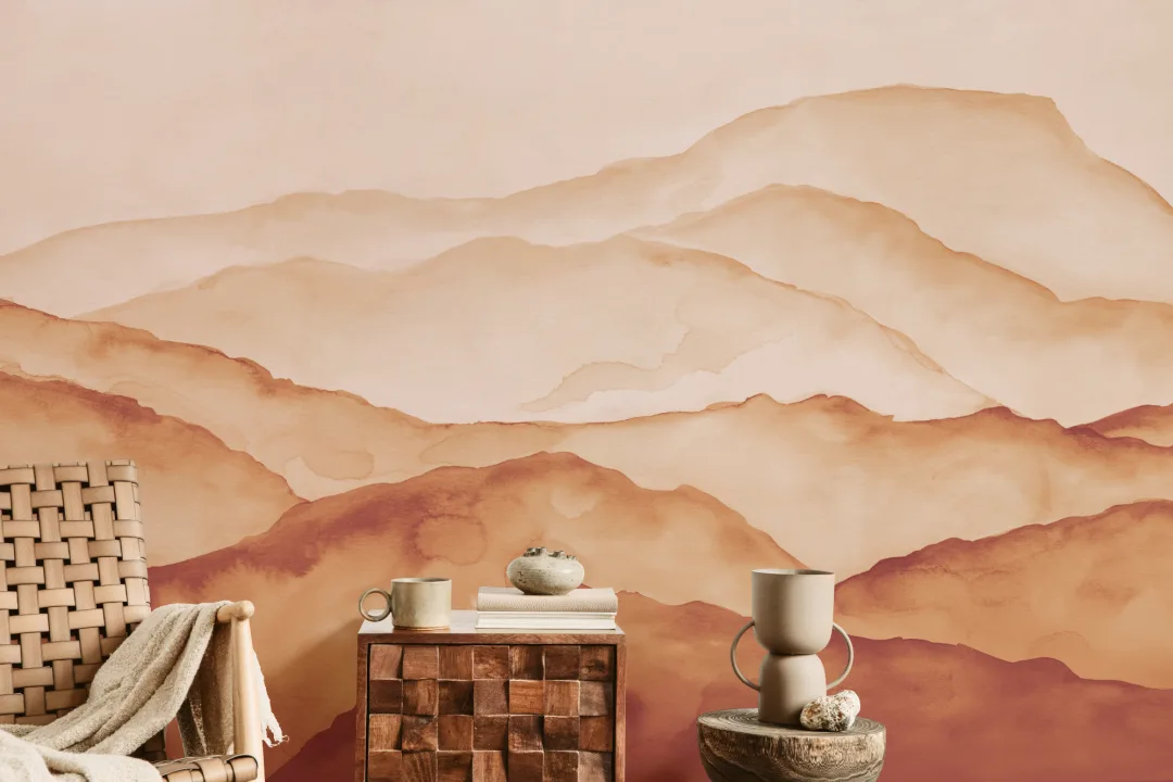 Orange Watercolor Peaceful Mountain Wallpaper Mural