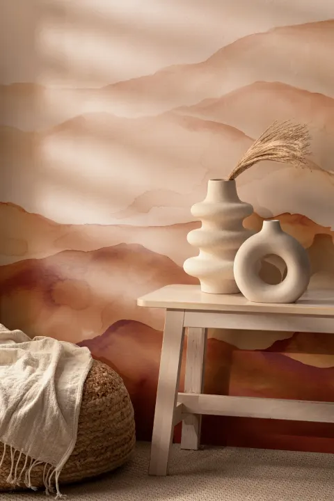 Orange Watercolor Peaceful Mountain Wallpaper Mural