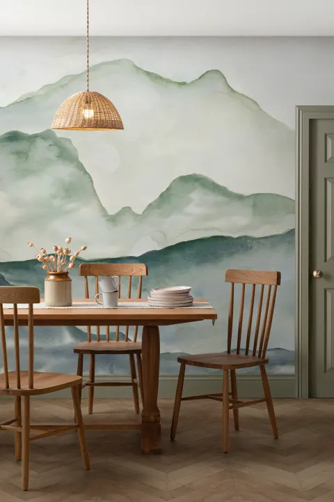 Blue & Green Mountainscape Wallpaper Mural