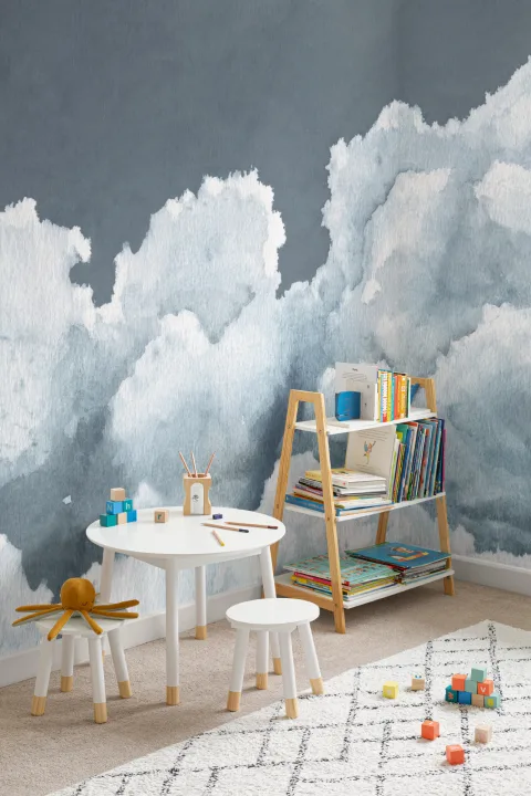 Dark Blue Cloudy Watercolor Sky Wallpaper Mural