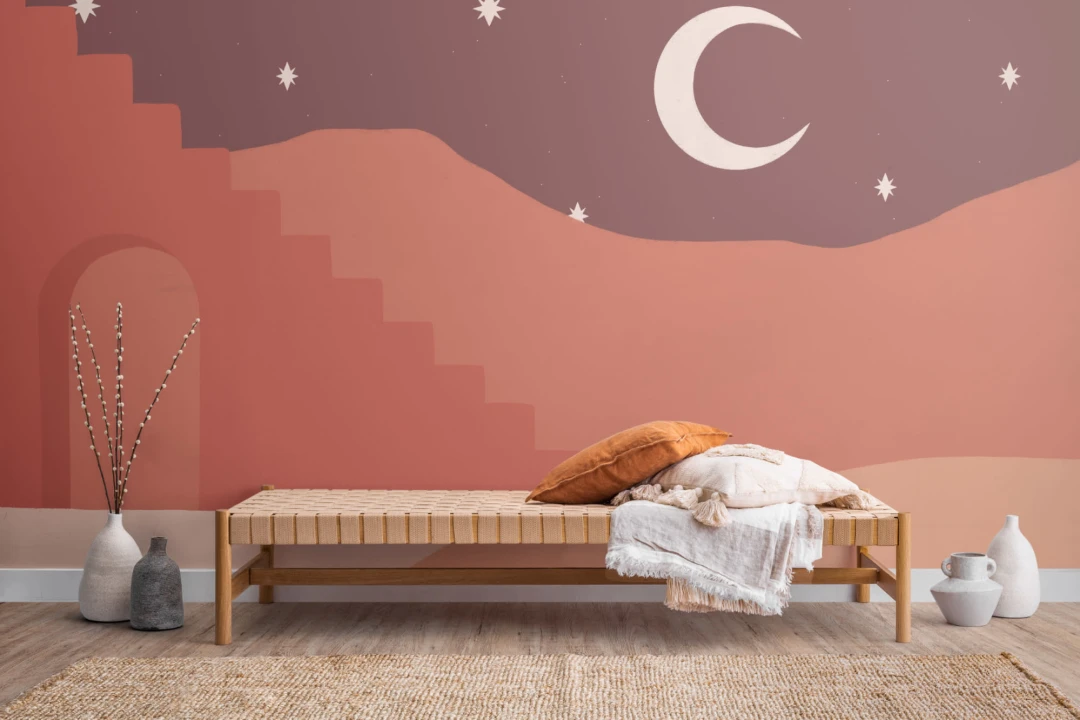 Orange Desert & Moon Painted Landscape Wallpaper Mural