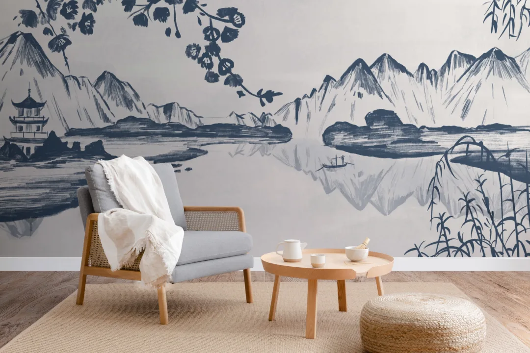 Traditional Chinese Willow & Mountain Ink Wallpaper Mural