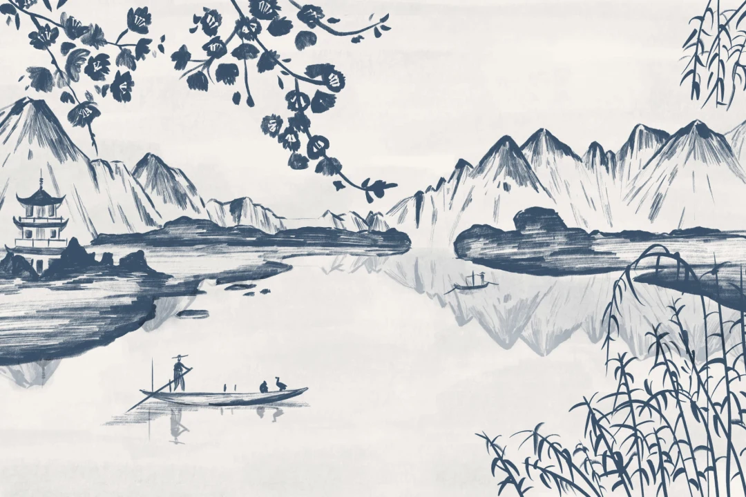 Traditional Chinese Willow & Mountain Ink Wallpaper Mural