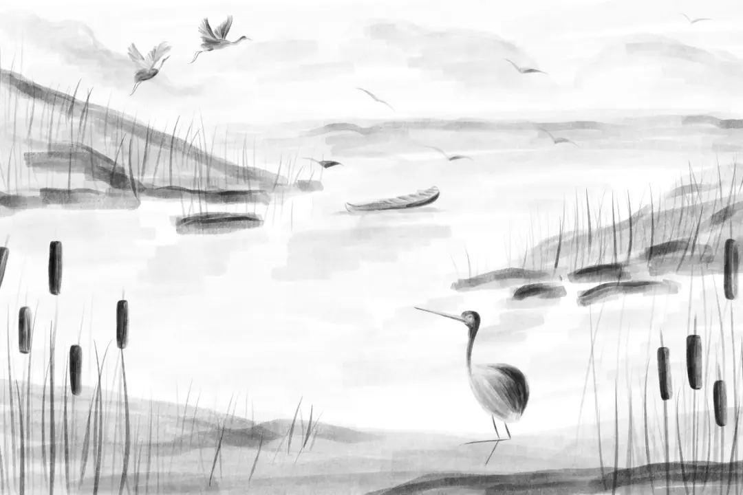 Traditional Chinese Black & White Ink Lake Wallpaper Mural