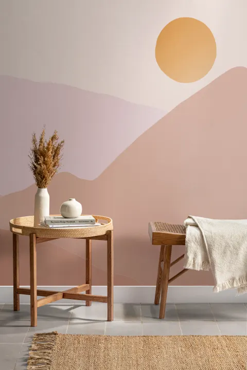 Mural Papel Pintado Naranja con Paisaje Natural de Montañas y Sol