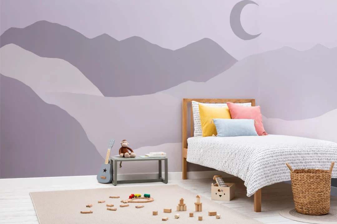 Purple Moon and Mountains Night Landscape Handmade Wallpaper Mural