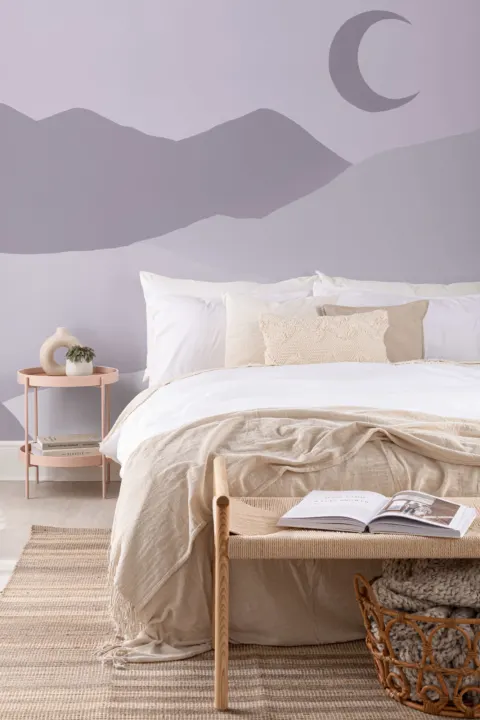 Purple Moon and Mountains Night Landscape Handmade Wallpaper Mural