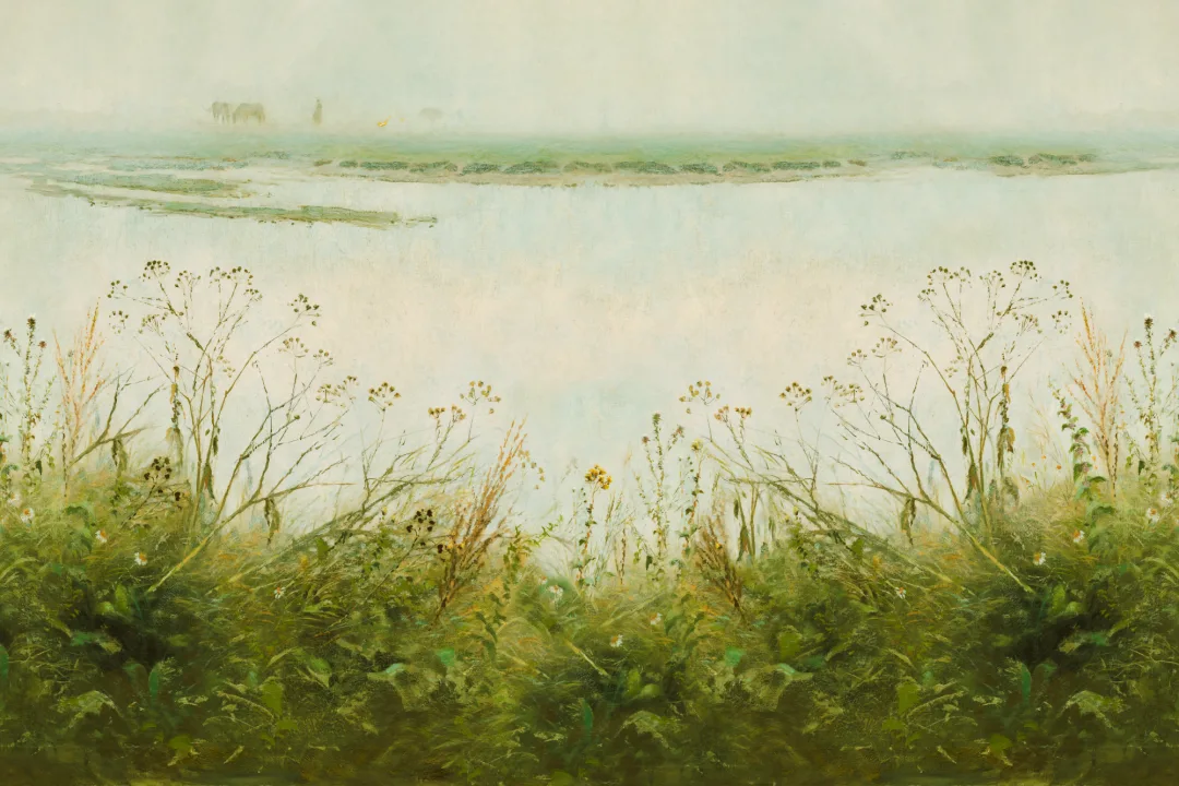 Riverbank Grassland Wall Mural in Fresh Green