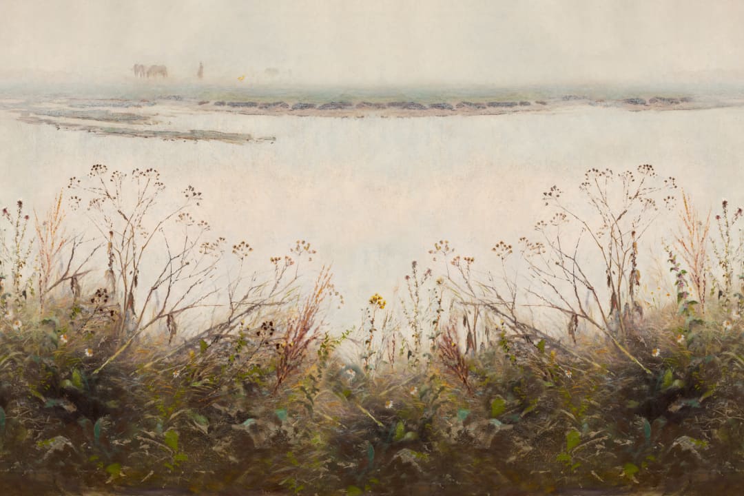Riverbank Grassland Wall Mural in Evening Light