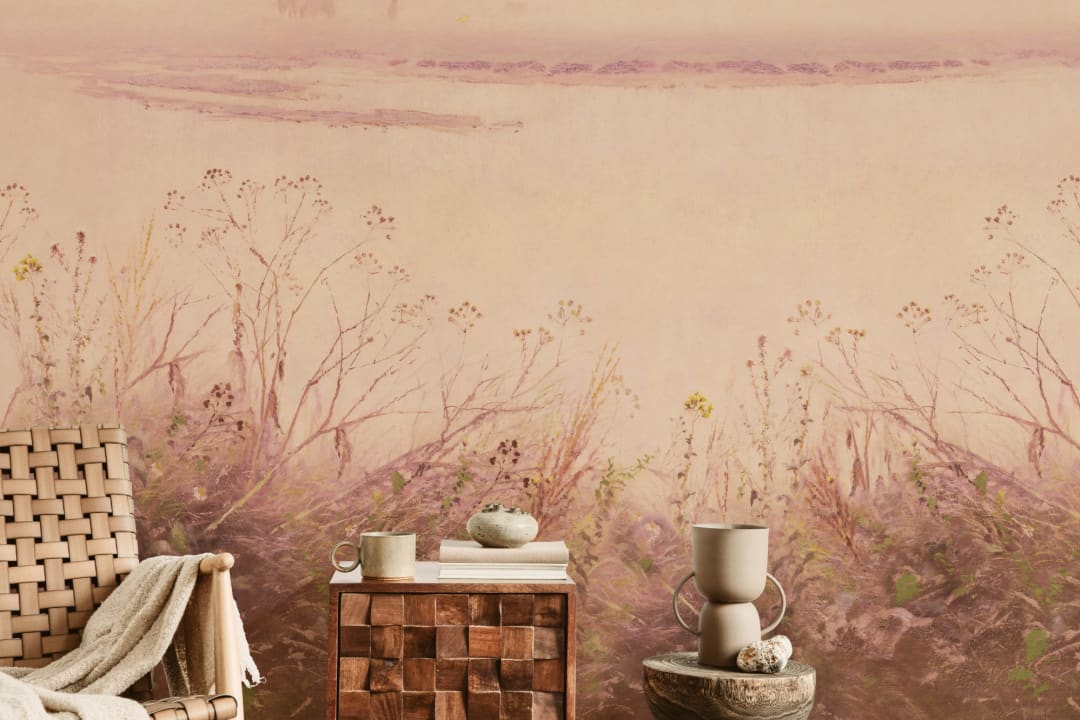 Riverbank Grassland Wall Mural in Sunset Glow