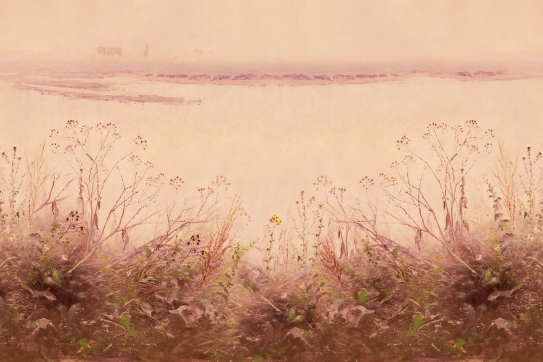 Riverbank Grassland Wall Mural in Sunset Glow