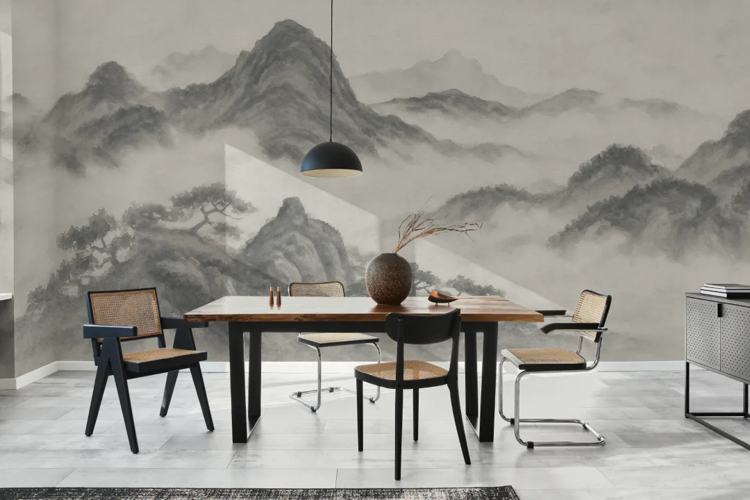 Papier peint panoramique de la montagne japonaise au fusain