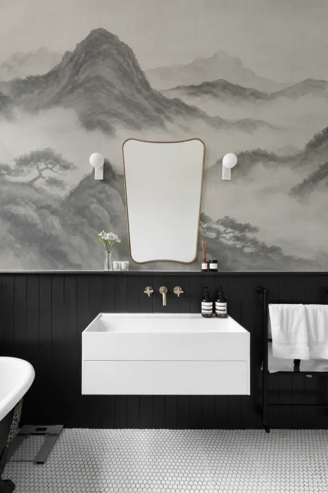 Charcoal Japanese Mountain Landscape Wall Mural