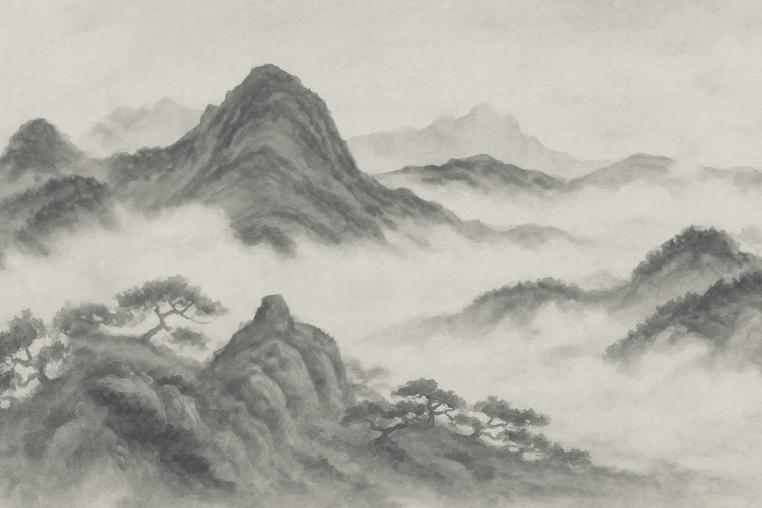 Papier peint panoramique de la montagne japonaise au fusain