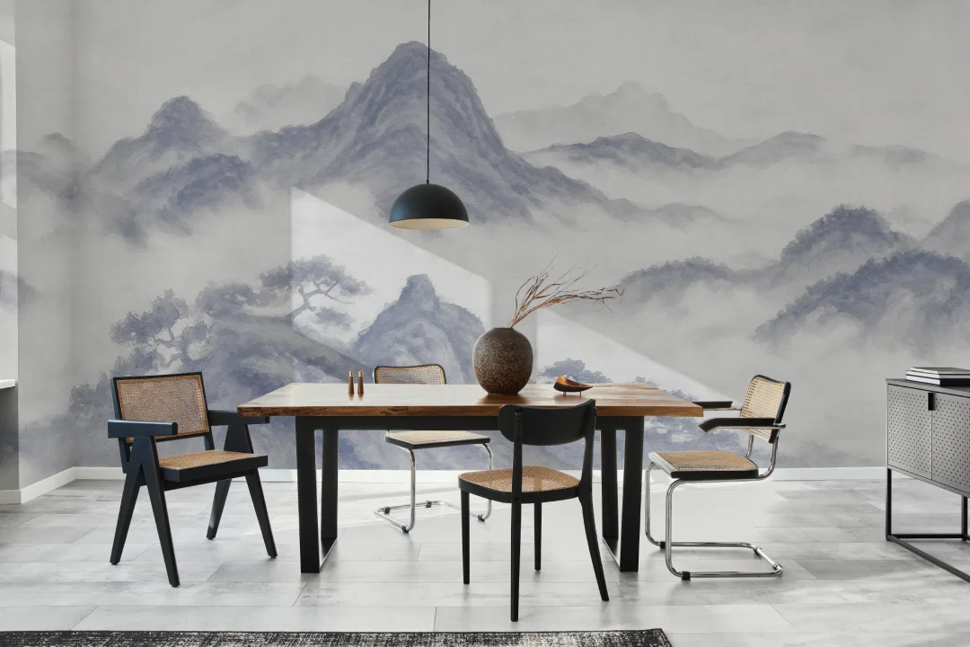 Indigo Japanske Mountain Landskap Fototapet for Elegance