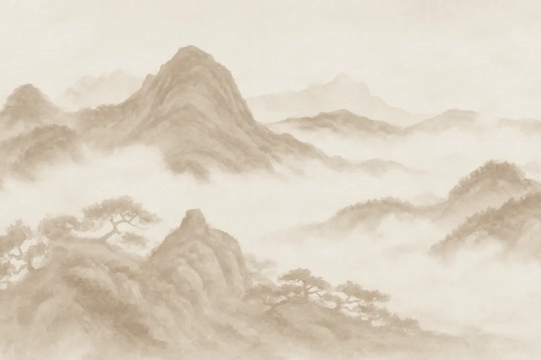 Beige Japandi Mountain Landscape Papier Peint Panoramique