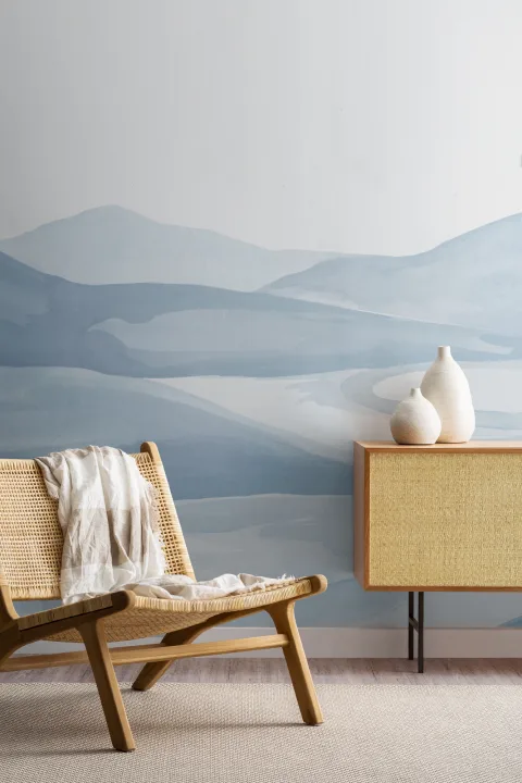 Blue Watercolor Valley Landscape Mural