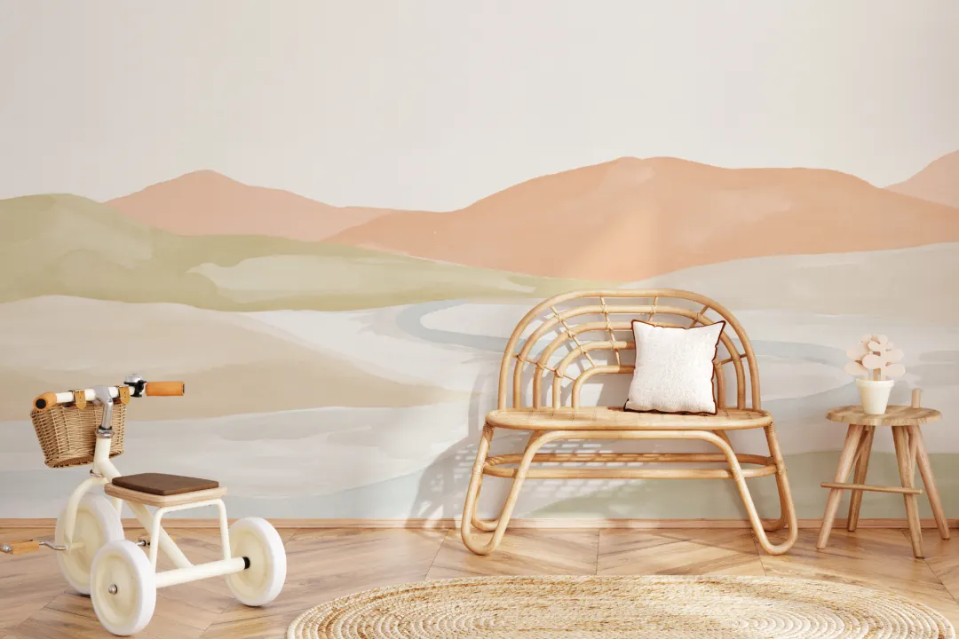 Orange Watercolor Valley Landscape Mural