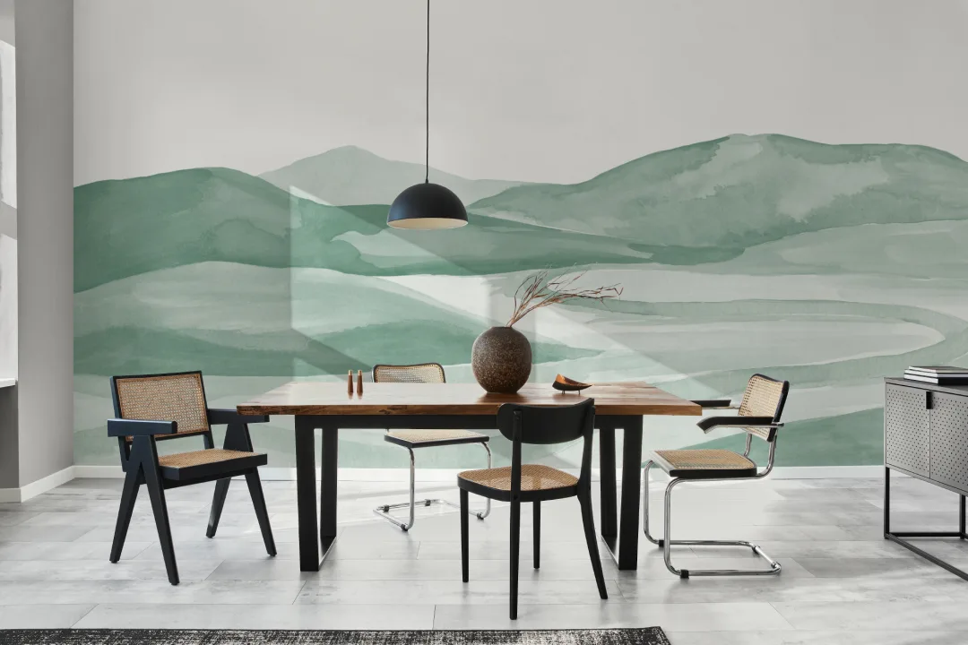 Dark Green Watercolor Valley Landscape Mural