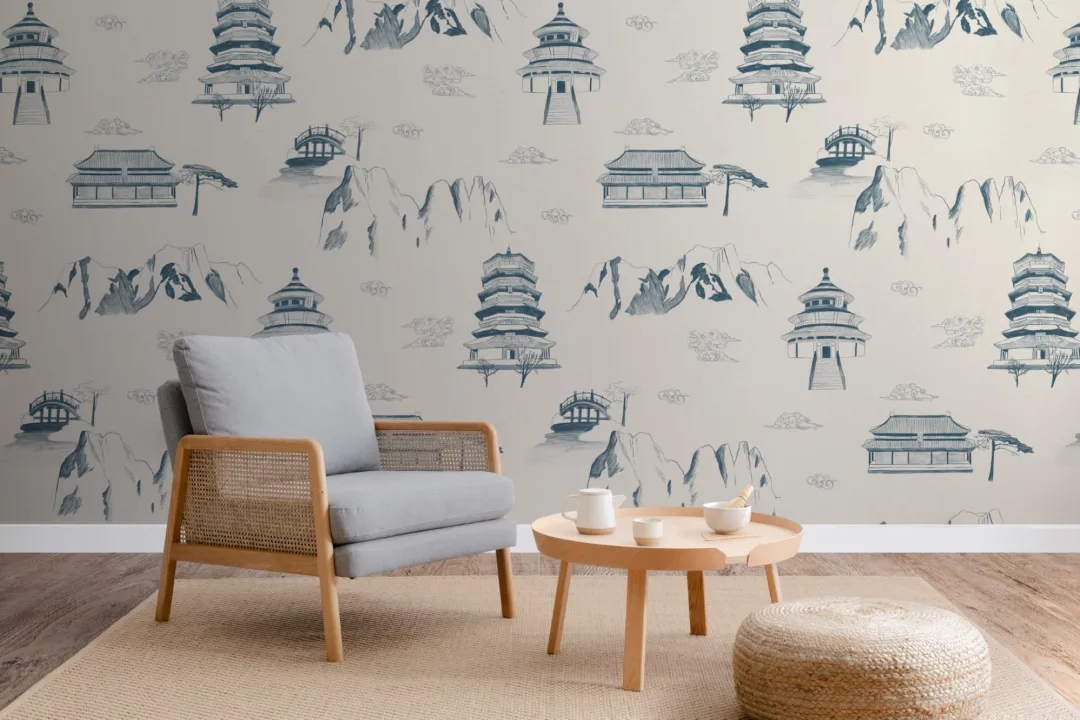 Ancient Chinese Blue Illustrations Pattern Wallpaper Mural