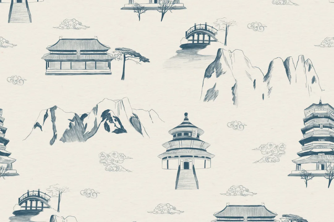 Ancient Chinese Blue Illustrations Pattern Wallpaper Mural
